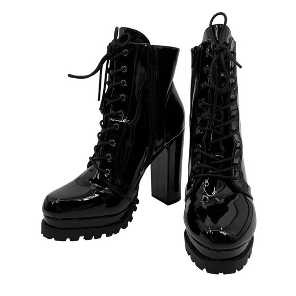 Black Faux Patent Leather Lug Sole Edgy Sexy Baddie Platform Heel Boots 10 - Picture 13 of 16